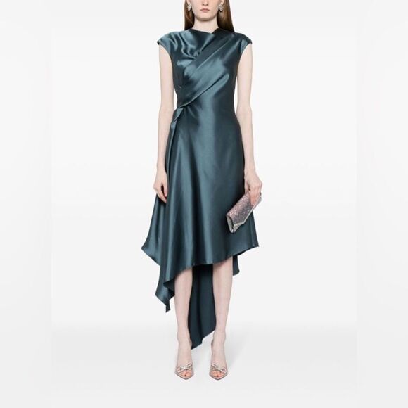 Amsale NWT Draped Satin Asymmetric Cocktail Dress in Petrol Size 12 MSRP $595 - Picture 2 of 11